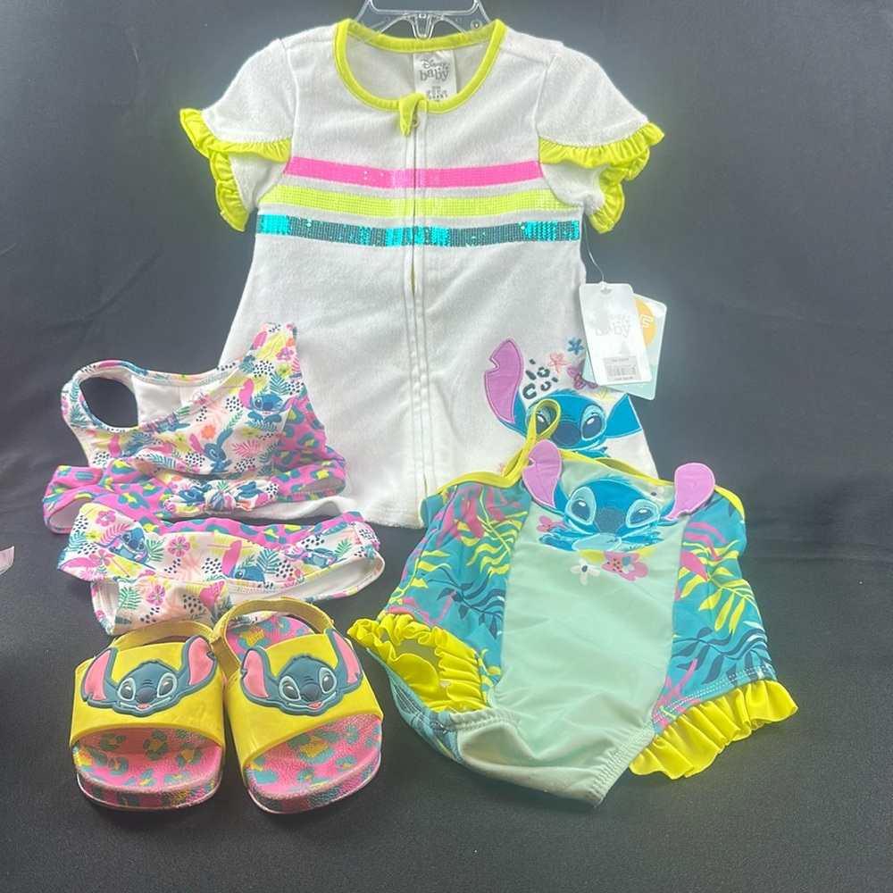 Stitch Disney Store Swimwear Set with 2 bathing suits, sandals and nwt cover up